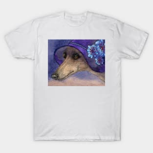 Whippet of Mystery Greyhound dog in fabulous hat with blue flowers T-Shirt